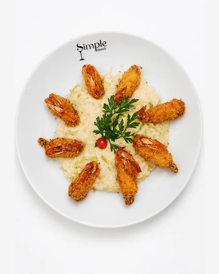 Risoto de alho poró com camarão empanado